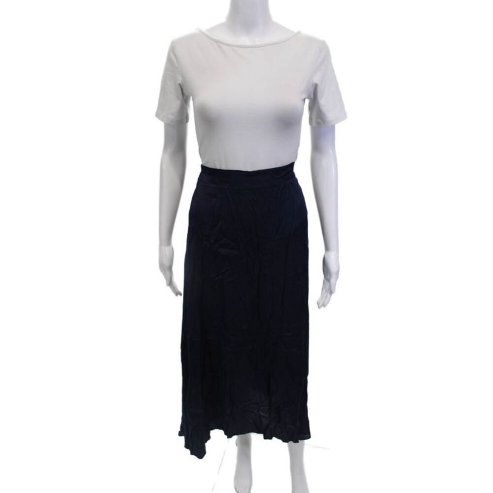 Johanna Paris Womens Elastic High Waisted Midi Flare Skirt Navy Blue Size S